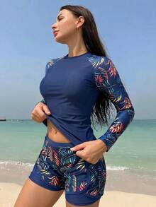 Swim SPRTY Women's Summer Beach Tropical Plant Print Raglan Long Sleeve Shorts Casual Surfing Outfit Set - Navy Blue - View 3