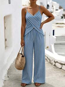 Linhara CURVE Women's Plus Size Blue & White Striped Print Deep V-Neck Symmetrical Criss-Cross Design Backless Camisole & Striped Print Loose Straight Leg Pants, Casual Daily Commute Fashion Elegant French Vintage Romantic Date Beach Vacation Summer New 2-Piece Set - Multicolor - View 3