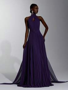 Elitara Elegant Queen Formal Purple Chiffon Halter Neck Cup Pleated Skirt Party Graduation Gala Dinner Bridal Prom Dress Wedding Fall New Year - Dark Purple - View 7