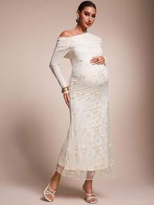 MaterniChic Elegant Maternity Decent Fitted Long-Sleeved Floral White Dress Embroidery Asymmetric Neckline Autumn Fall Wedding Photoshoot Baby Shower - Apricot - View 5