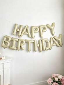 MINKOJA 1件/13件組 16英吋 Happy Birthday 生日橫幅字母氣球，黑色、銀色、白色、棕色、奶油色多巴胺配色可選，主題生日裝飾，適用男女生日派對裝飾、居家派對背景、房間佈置（含充氣管與繩子） - Cream - 查看 3