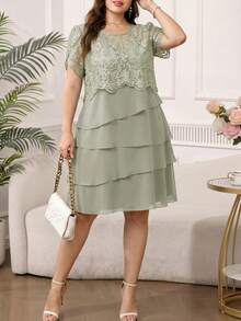 Reflora Vestido de verano elegante de talla grande con unicolor y patchwork de encaje - Verde - Ver 2