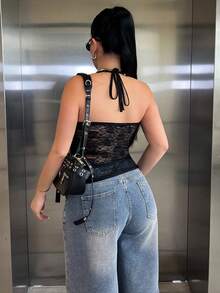 Dayanna Comas Lace Bodycon Ruched Fashionable Summer Halter Neck Camisole Top Y2K  Casual Black - Black - View 2