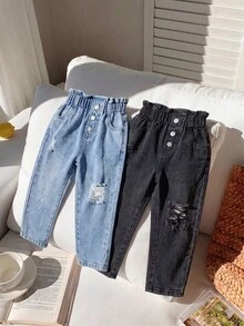 女童牛仔長褲，四季新款，時尚休閒風，多件多色，彈性腰帶設計，花卉腰帶設計搭配破洞磨損毛邊下擺與水洗效果，錐形寬鬆版型，柔軟舒適面料，百搭時尚風格適合日常穿著，適用於度假、音樂節、派對等場合，四季新款女童牛仔長褲 - 彩色 - 查看 6