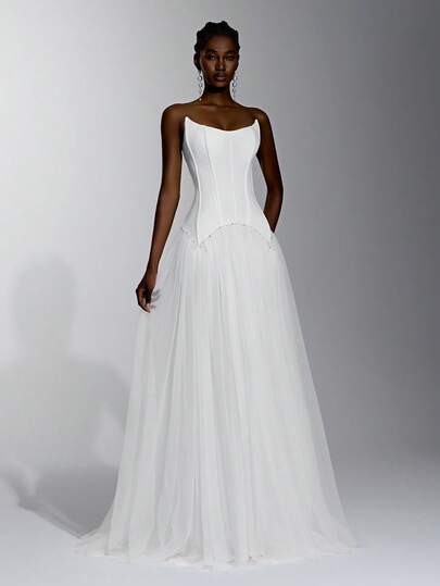 Elitara Elegant Romantic South French Style Satin Off-Shoulder Boat Neckline Corset With Visible Boning Geometric Wavy Waistline Luxury Pearl Bow Low Waist Patchwork Flowing Tulle A-Line Skirt With Slit And Train Hem, Suitable For Holiday Celebrations, Weddings, Balls, Concerts, Business Guest Banquets, Internet Celebrity Events, Multiple Needs For Women's Wedding Dresses, Evening Gowns, Long Dresses, Bridal Gowns