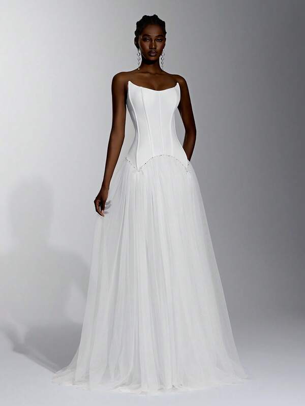 Elitara Elegant Romantic South French Style Satin Off-Shoulder Boat Neckline Corset With Visible Boning Geometric Wavy Waistline Luxury Pearl Bow Low Waist Patchwork Flowing Tulle A-Line Skirt With Slit And Train Hem, Suitable For Holiday Celebrations, Weddings, Balls, Concerts, Business Guest Banquets, Internet Celebrity Events, Multiple Needs For Women's Wedding Dresses, Evening Gowns, Long Dresses, Bridal Gowns