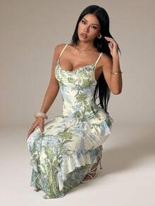 SHEIN PETITE Women's Pastel Vintage Elegant Floral Print Ruffle Collar Multi-Layered Flounce Patchwork Camisole Dress For Vacation Vacation Summer ,Petite Women - Multicolor - View 1