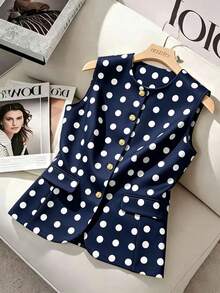 GlowEve CURVE Plus Size Women Round-Necked Fitted Sleeveless Suit Vest,Polka Dot Blazer Elegant Business Casual Blazer Spring/Summer Blazer - Navy Blue - View 3