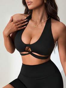 Slayform Women's Solid Color Casual Versatile Daily Sports Halter Tank Top - Black - View 6