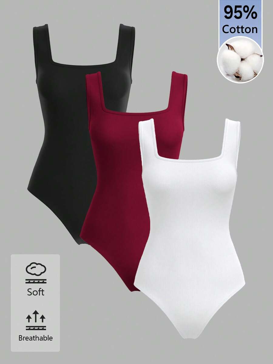 SHEIN BASICS 女款純色方領休閒背心連身衣 - 彩色 - 查看 1