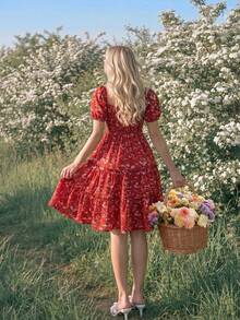 Swim Mod Women's Red Floral Puff Sleeve Ruffled Tiered Hem Dress Vacation Elegant Summer - Multicolor - View 2