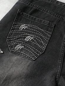 ROMWE MEN Street Life Men's Anime Embroidery Shorts, Suitable For Daily Wear In Spring And Summer - Black - View 4