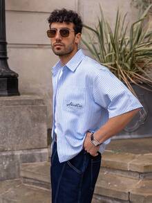 YOUESAWY YOUESAWY Men's Casual Woven Pocket Letter Embroidered Loose Short Sleeve Shirt Daily Essential Wardrobe Staple Basic Style All-Match Style Go-To Piece Mix-And-Match Item Casual Versatile Style  Premium Textured Fabric - Blue and White - View 6