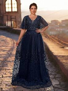 Serin Gaun Pengantin Ukuran Besar Elegan Romantis Lengan Ruffle Mewah Payet Patchwork Satin Bertatahkan Mutiara dan Rhinestones Potongan A-Line Besar Cocok untuk Pesta Pernikahan, Perayaan, Makan Malam Formal, Gaun Ibu Pengantin - Navy Blue - View 4