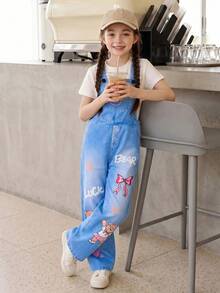 SHEIN Casuvi Kids Tween女孩時尚淺藍色印花星星圖案吊帶褲，休閒校園開學個性化秋季背帶褲整體裝 - 藍色 - 查看 5
