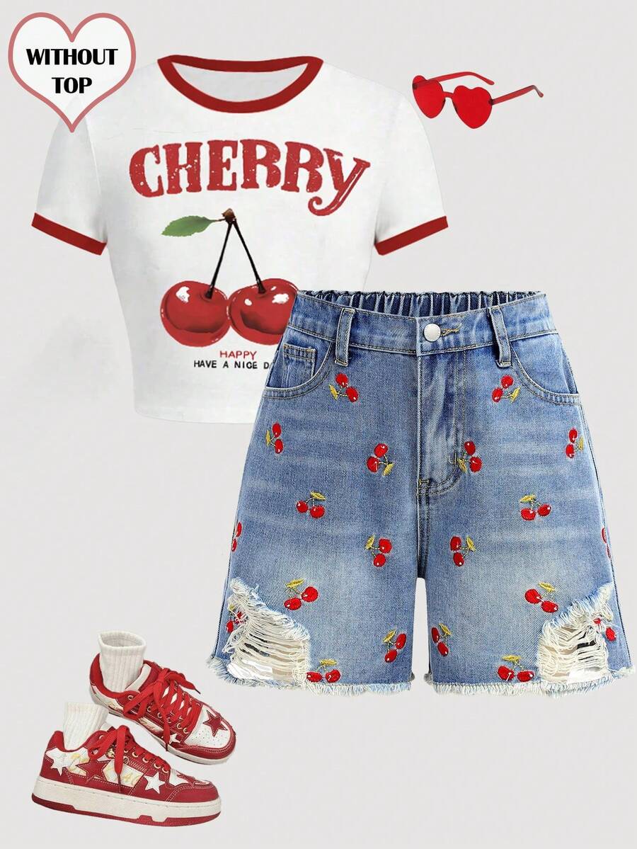 SHEIN Girlism Tween Girl Fashion Versatile Cherry Embroidery Distressed Denim Shorts With Pockets - Light Wash - View 1