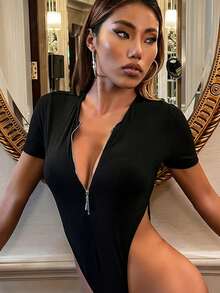 SHEIN SXY Áo liền quần ôm nữ Dây kéo màu trơn Giải trí - màu đen - Xem 1