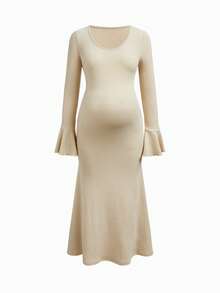 Modmama Maternity Solid Color Round Neck Flared Sleeve Slim Fit Elegant Dress Fall,Autumn Outfit For Women Photoshoot Beige - Apricot - View 8