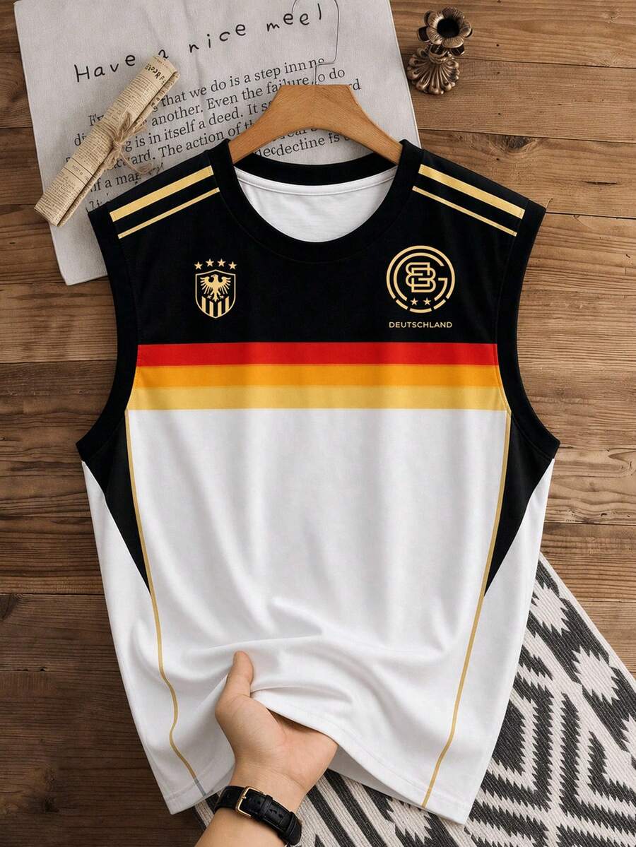 Manfinity Joysei Camiseta sin mangas de hombre con estampado de color contrastante, adecuada para deportes, vacaciones - Blanco - Ver 1