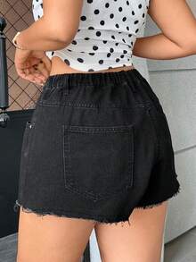 SHEIN Plus Size Summer Casual Denim Shorts - Black - View 2