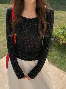 Dazy Tall Women's Round Neck Long Sleeve Polka Dot Pullover Casual T-Shirt - Black - View 2