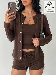 SHEIN EZwear 女士纯色吊带背心、短裤和长袖开衫休闲套装 - 咖啡棕 - 查看 2