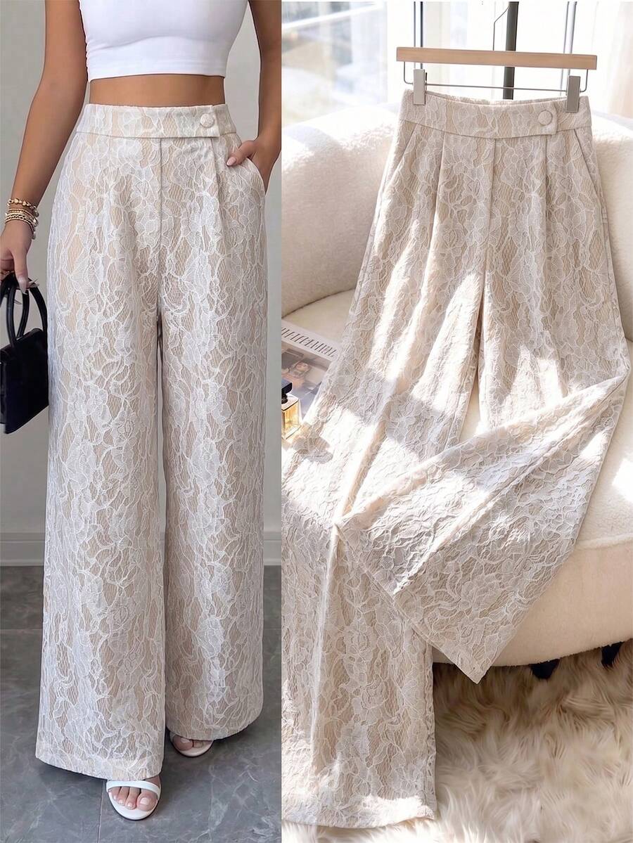 SHEIN Elenzya Women's Beige Autumn Elegant Tea Party Garden Party Lace Wide Leg Pants, Front Buckle High Waist Straight Casual For Beach, Travel, Niche Design - Apricot - View 1