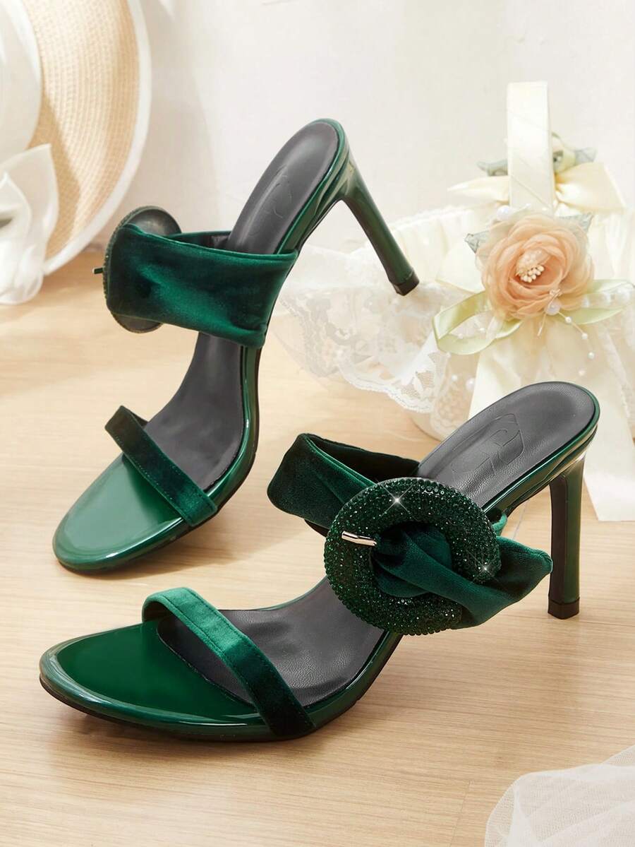 CUCCOO HITCHD Damen-Sandalen mit Strass, runder Schnalle und Schleifendekor, quadratischem Absatz, High Heels, französischer Leicht-Luxus-Stil, aus Lackleder und Wildleder, Grün, für Dates und Partys - Grün - Übersicht 1