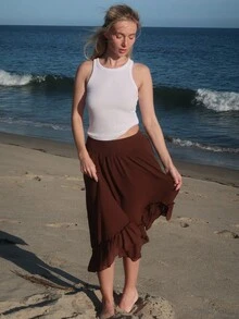 Turnttoni Wide Waistband Rufflea Symmetrical Hem Long Skirt Brown - Brown - View 6