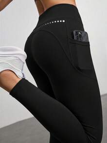 SHEIN With My Calm 純色高腰無縫運動緊身褲 - 黑色 - 查看 1