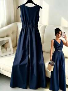 GlowEve CURVE Plus Size Women's Elegant Solid Color V-Neck Sleeveless Gold Decor Waist Buckle Cinched Waist Wide Leg Jumpsuit, Suitable For Spring/Summer Commute And Daily Wear - Navy Blue - View 2