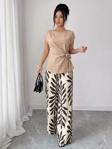 Elenzga Blouse décontractée sans manches ajustée pour femme, printemps/été, style élégant pour le travail, design plissé, taille cintrée et nœud papillon + Pantalon long décontracté pour femme, printemps/été, style élégant pour le travail, imprimé feuilles, taille cintrée, double poche, coupe ample à jambes larges - Multicolore - Voir 6