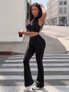 Sirith 2pcs Women Seamless Half Zip Mandarin Collar Backless Sexy Sports Bra And Flared Pants Yoga Workout Set - Black - View 1