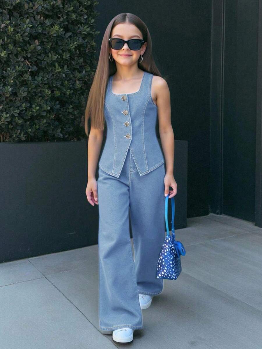 Firerie Kids Firerie Kids Nova Glow Tween Mädchen Frühling Sommer Lässig Street Fashion einfarbiges V-Ausschnitt ärmelloses Trägertop und weite gerade Jeans Hose Zweiteiler, Sommer Strand Boho Urlaubs Shorts, Sommer Konzert Festival Lässig Rave Outfits, Tween Mädchen Sommer Brunch Abschluss Outfits - Helle Waschung - Übersicht 1