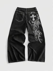 ROMWE MEN Jeans de corte holgado con patrón bordado para hombre - Negro - Ver 1