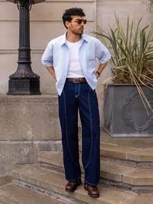 YOUESAWY YOUESAWY Men's Casual Woven Pocket Letter Embroidered Loose Short Sleeve Shirt Daily Essential Wardrobe Staple Basic Style All-Match Style Go-To Piece Mix-And-Match Item Casual Versatile Style  Premium Textured Fabric - Blue and White - View 4