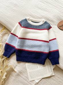 Young Boys Striped Color Block Thick Soft Knit Pullover Sweater, Suitable For Home, Casual, Outings And Gatherings, Autumn/Winter - Multicolor - View 5