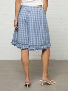 COUREZ Tie Side Cami Top With Frill Longline Check Short Co-Ord Set / Y2K Fall Clothes For Women Fall Outfits 2 Pieces Sets Rave Outfits Club Outfits - Blue - View 6