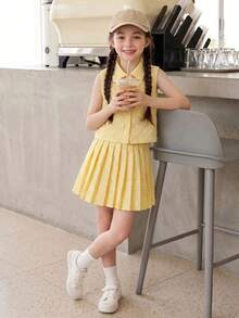 Casuvi Kids 青少年女孩單排扣背心、襯衫與百褶迷你裙套裝，返校季校園風，芥末黃，夏季可愛款 - 黃色 - 查看 3