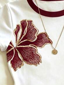 Top corto básico ajustado de estilo casual con estampado floral fresco personalizado para niñas de verano - Multicolor - Ver 5