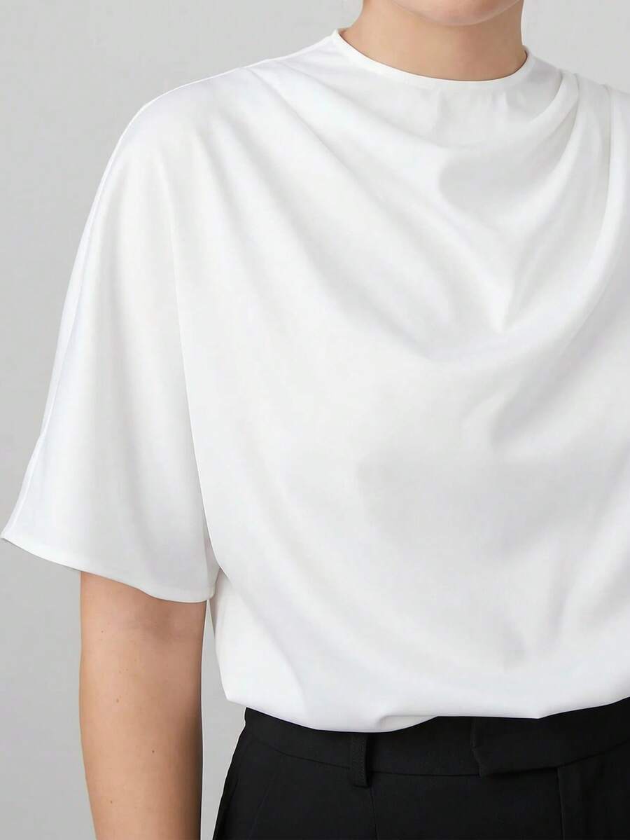 MOTF PREMIUM PLUS SIZE WOMEN'S SOLID SATIN COWL NECK ELEGANT BLOUSE - White - View 2