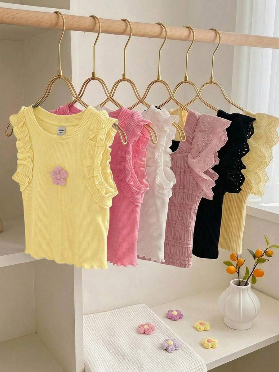 SHEIN 女童 3件組 素色針織 3D花朵荷葉邊休閒背心上衣 - 芥末黃 - 查看 1