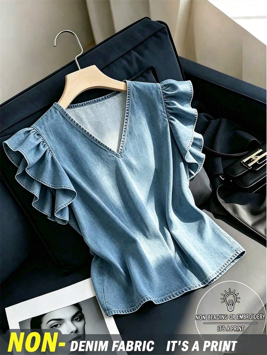 SHEIN Franclia 女款休閒百搭白色襯衫,荷葉袖波浪袖,V領套頭上衣,波點印花短袖襯衫,背心上衣,夏季度假穿搭 - 淺色水洗藍 - 查看 1