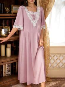 PalaceNights French Vintage Maternity Dress, Lace Loose Fit Maternity Maxi Dress, Gentle Style Home Dress - Dusty Pink - View 4