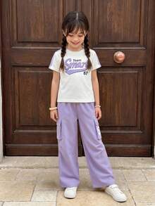 Casuvi Kids 2pcs/Set Conjunto de Verano para Niña Preadolescente, Camiseta Retro Americana con Letra Púrpura & Pantalones Cargo, Conjunto de Moda Estilo Vaquero Dulce para Regreso a Clases - Morado - Ver 4