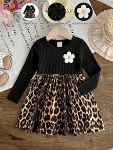 SHEIN Baby Girl Leopard Print Floral Decor Dress - Multicolor - View 1