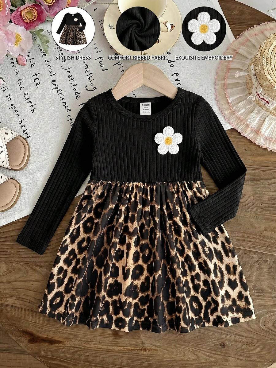 SHEIN Baby Girl Leopard Print Floral Decor Dress - Multicolor - View 1