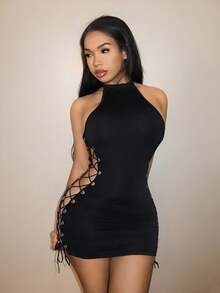 BamGleam Fashion Sexy Backless Halter Hollow Tie Ring Solid Color Mini Dress - Black - View 7