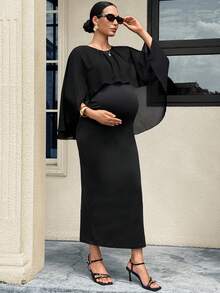MaterniWear Maternity Solid Color Fashion Ruched Wrap Dress Photoshoot Black Autumn Fall Elegant Wedding - Black - View 8