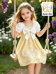 SHEIN Playful Pals 青少年女孩新款方領清新格紋印花蝴蝶結裝飾短袖洋裝 - 黃色 - 查看 4